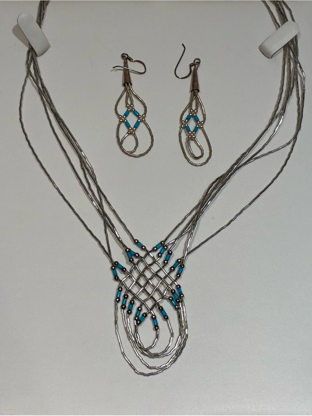 Handcrafted Navajo Liquid Silver & Turquoise Beaded Necklace and Earrings Set